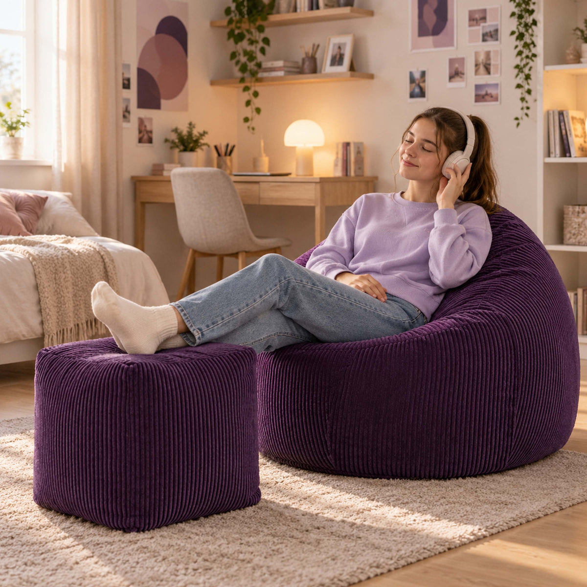 Pouf Poire Velours Côtelé Violet aubergine, fauteuil poire en velours côtelé violet aubergine pour détente salon, prêt rempli