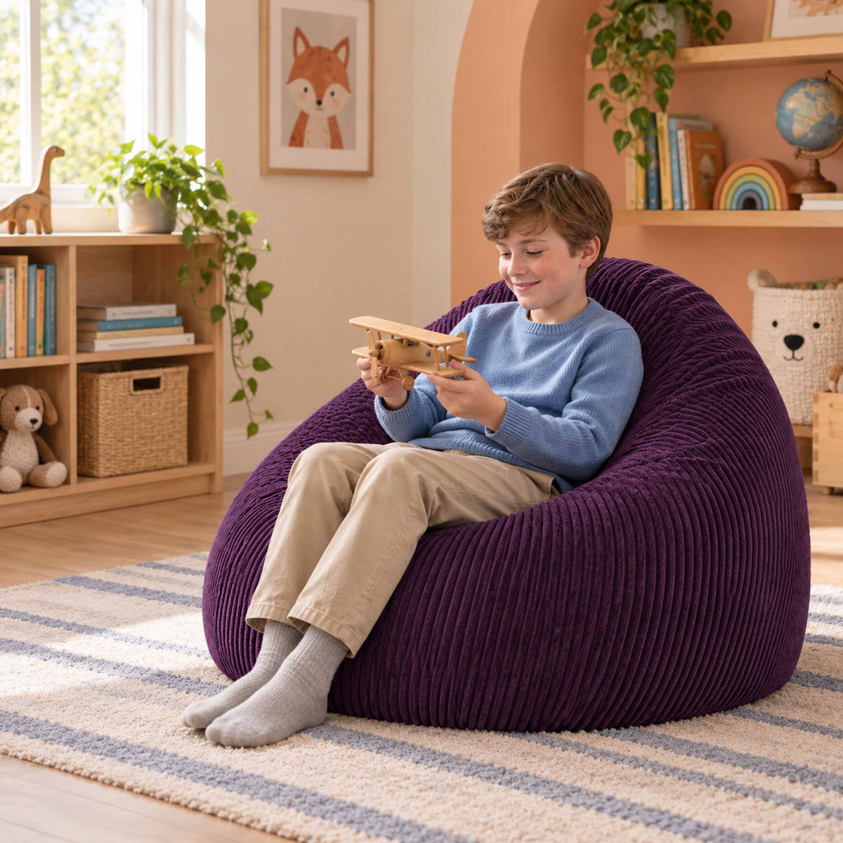 Pouf Poire Velours Côtelé Violet aubergine, assise confort pour enfant en velours côtelé violet aubergine, salon cosy
