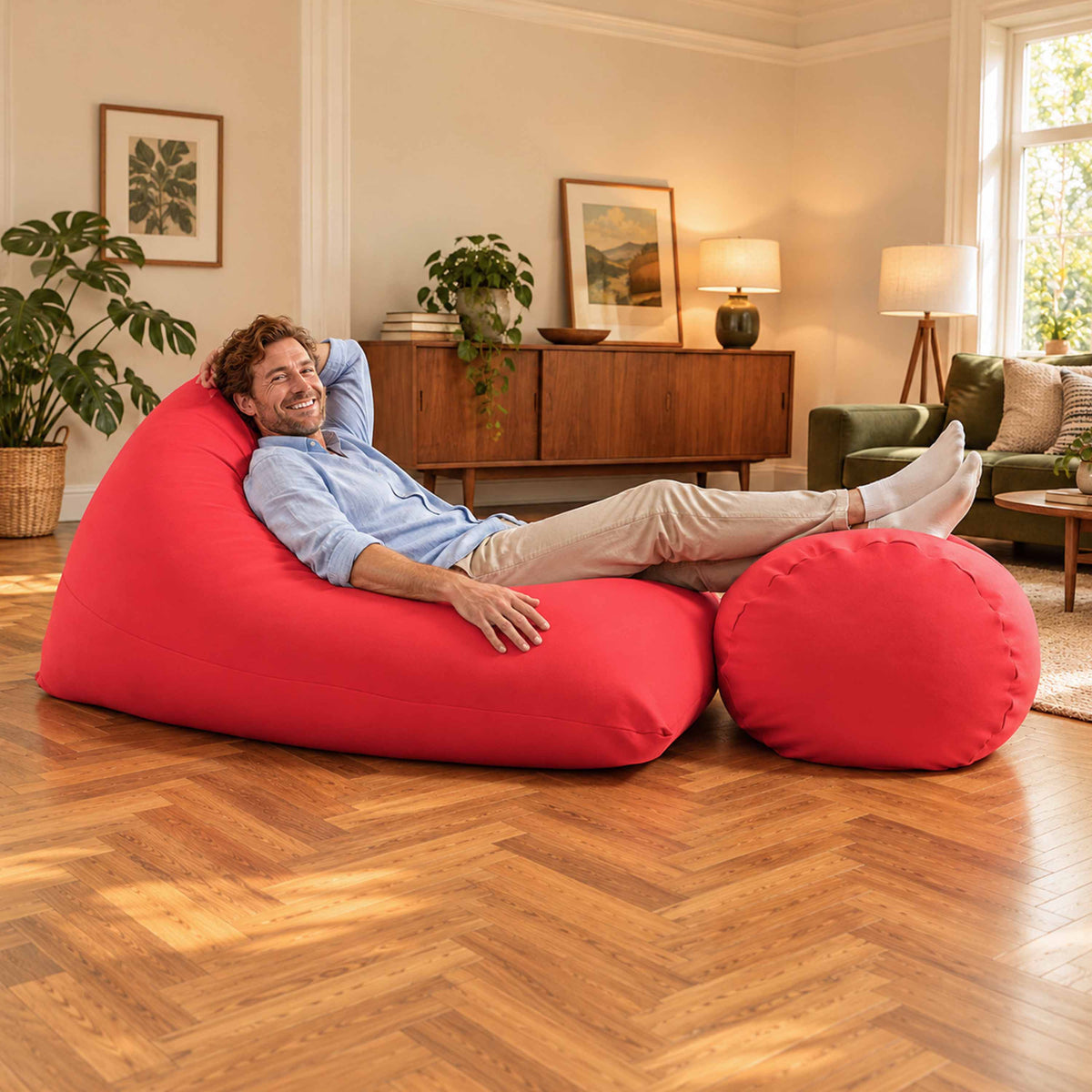 Pouf Repose Pieds Stretch Rouge, pouf tube rouge pour détendre les jambes dans le salon ou la chambre