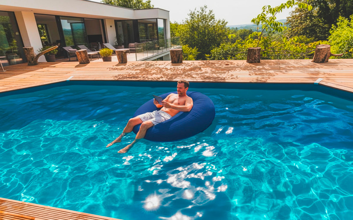 Pouf Rond Piscine Bleu : pouf rond flottant bleu pour se prélasser dans l’eau de la piscine ou sur la terrasse