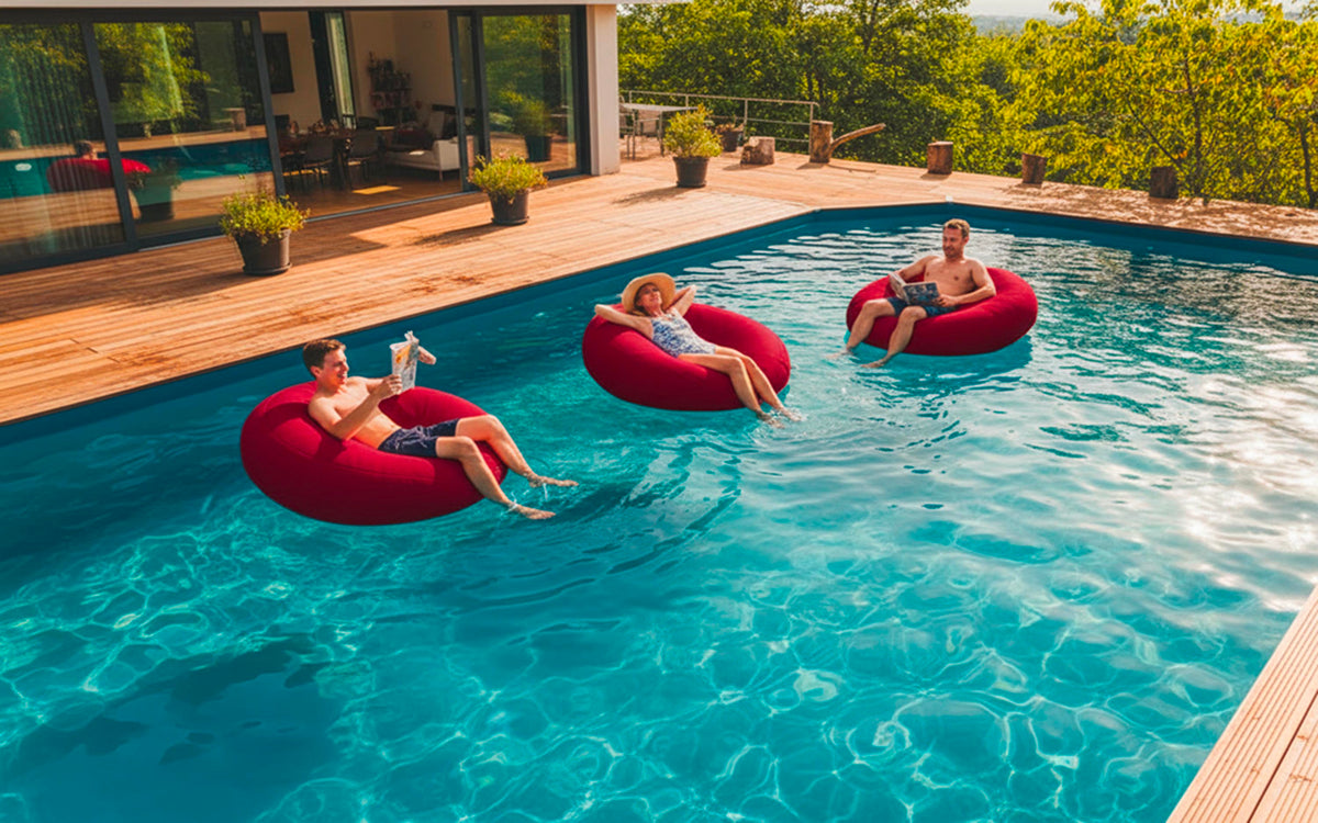 Pouf Rond Piscine Rouge flottant pour se prélasser dans l’eau, utilisation adultes, adolescents et enfants