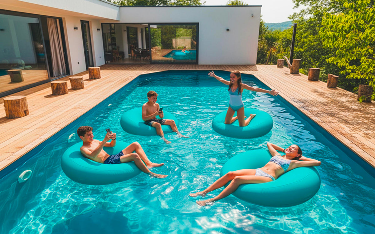 Pouf Rond Piscine Turquoise flottant en eau, idéal pour se prélasser sur la piscine ou la terrasse