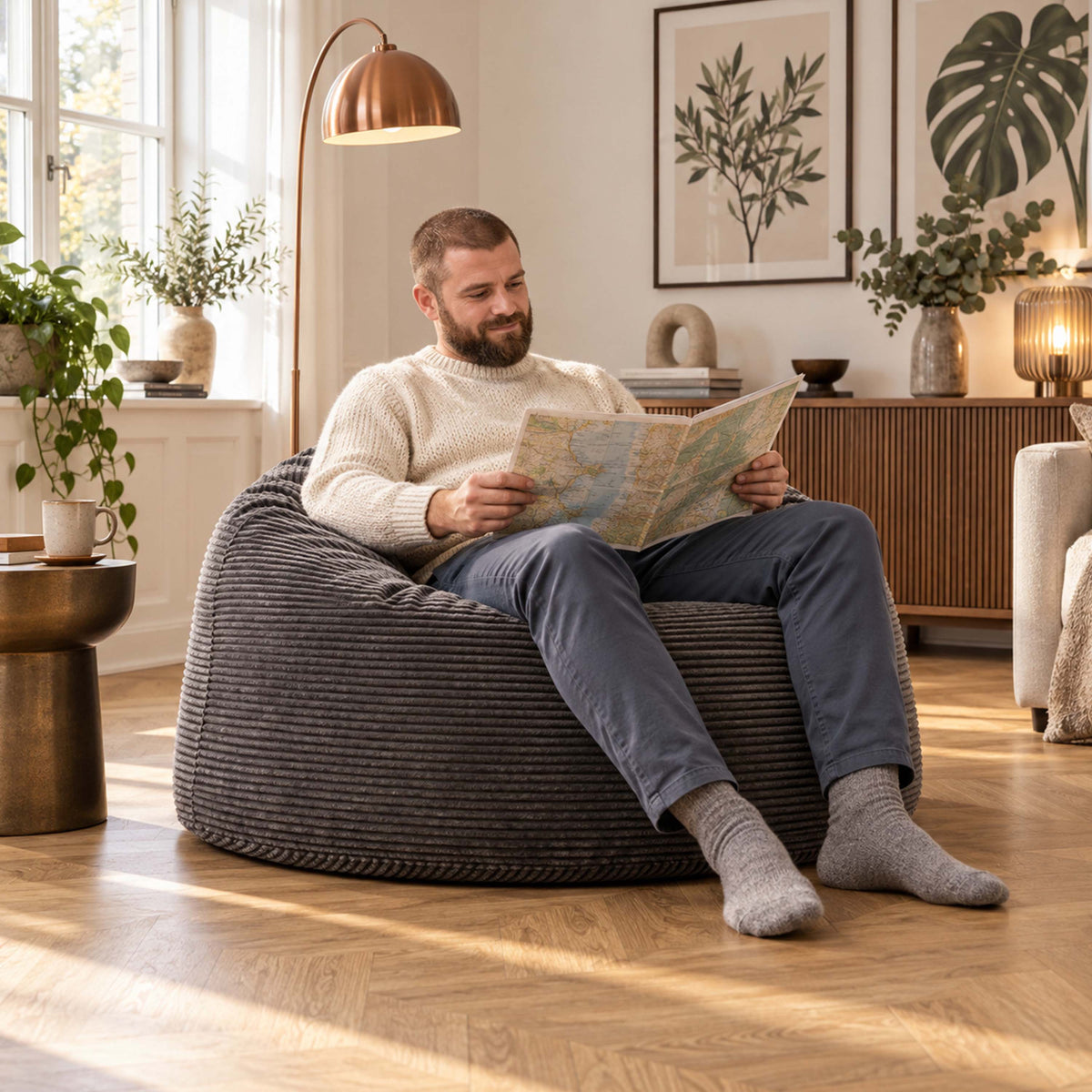Pouf Géant Rond XL Velours Côtelé Gris : assise ronde XXL en velours côtelé gris, confort pour lecture à la maison