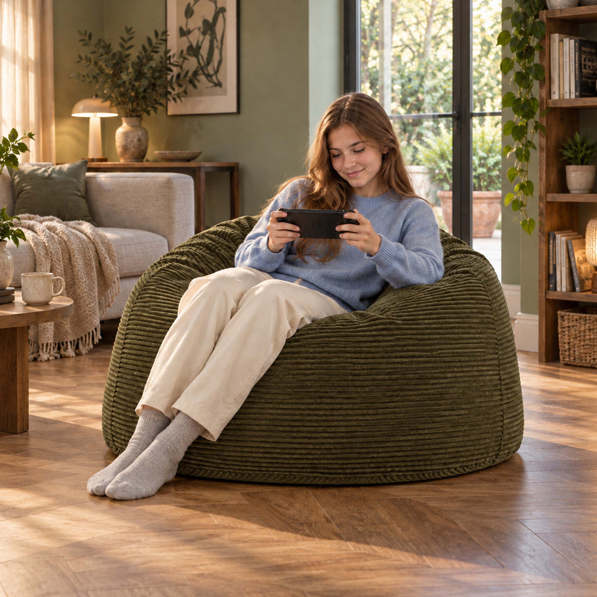 Pouf Géant Rond XL Velours Côtelé Kaki foncé, assise ronde XL en velours côtelé pour salon cosy