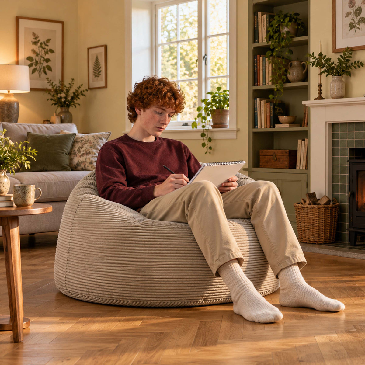 Pouf Géant Rond XL Velours Côtelé Beige : pouf fauteuil rond XL en velours côtelé beige, assise confortable pour lire au salon