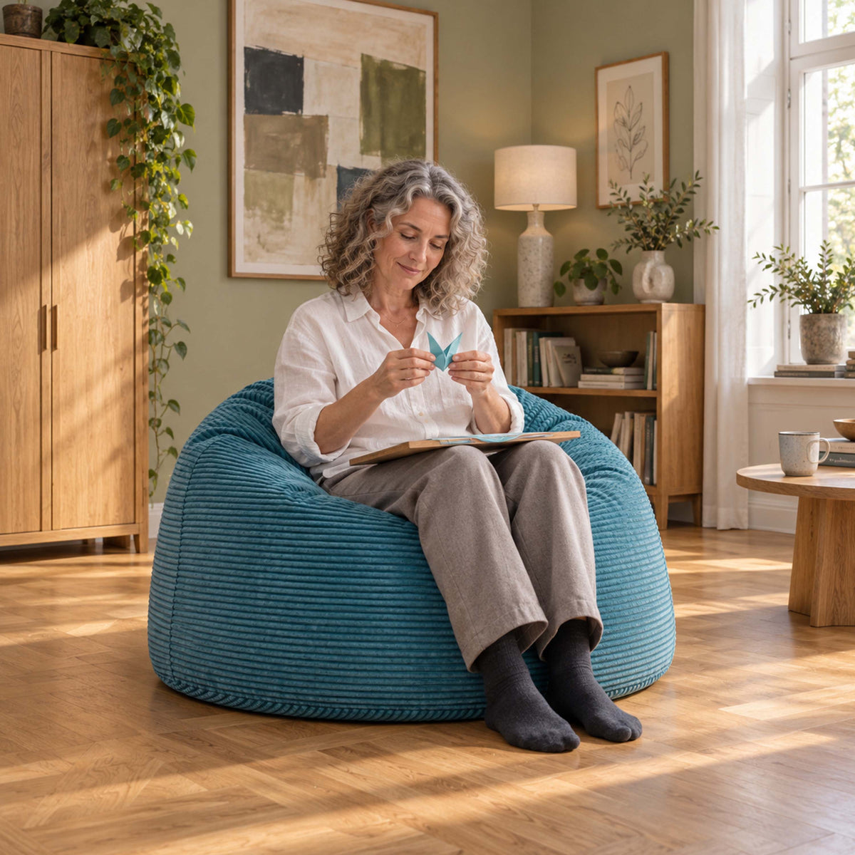 Pouf Géant Rond XL Velours Côtelé Bleu ciel, grand pouf rond bleu côtelé pour salon, femme lisant dessus