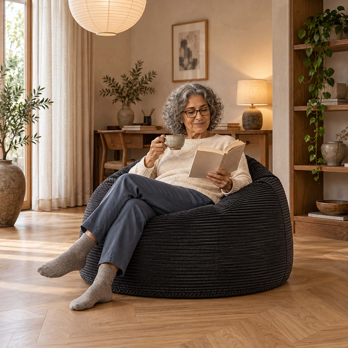 Pouf Géant Rond XL Velours Côtelé Noir : assise confortable pour lire, style moderne en intérieur