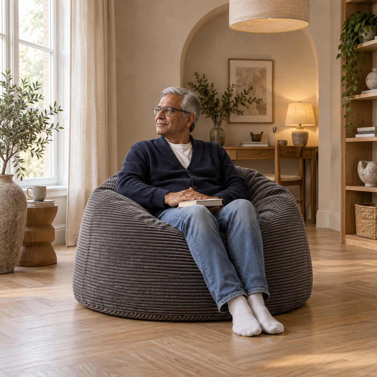 Pouf Géant Rond XL Velours Côtelé Gris, pouf fauteuil XXL rond en velours côtelé gris pour salon confortable