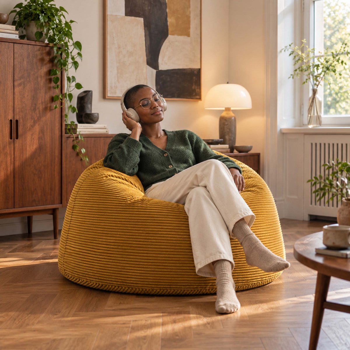 Pouf Géant Rond XL Velours Côtelé Jaune moutarde, assise ronde XL en velours côtelé, confort relax dans un salon lumineux