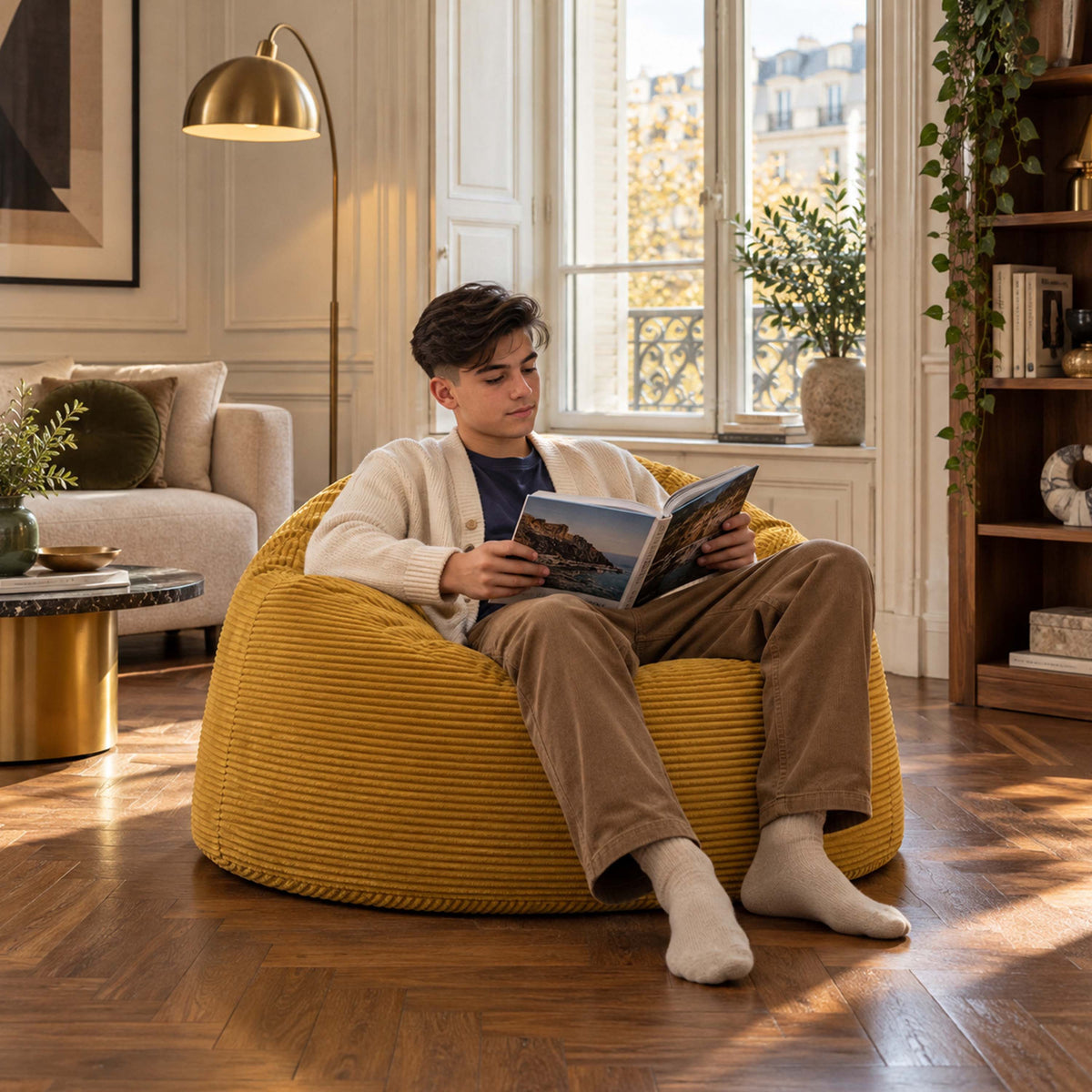 Pouf Géant Rond XL Velours Côtelé Jaune moutarde, assise XL ronde en velours côtelé, pour coin lecture confortable.
