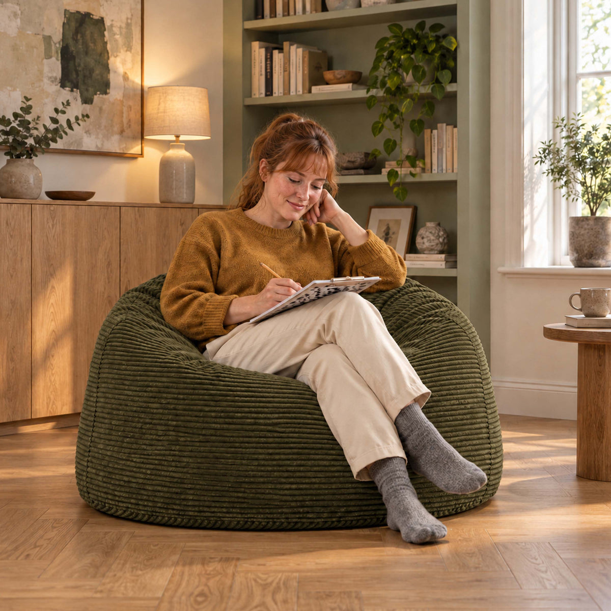 Pouf Géant Rond XL Velours Côtelé Kaki foncé : pouf fauteuil rond XL en velours côtelé, assise confortable pour salon cosy