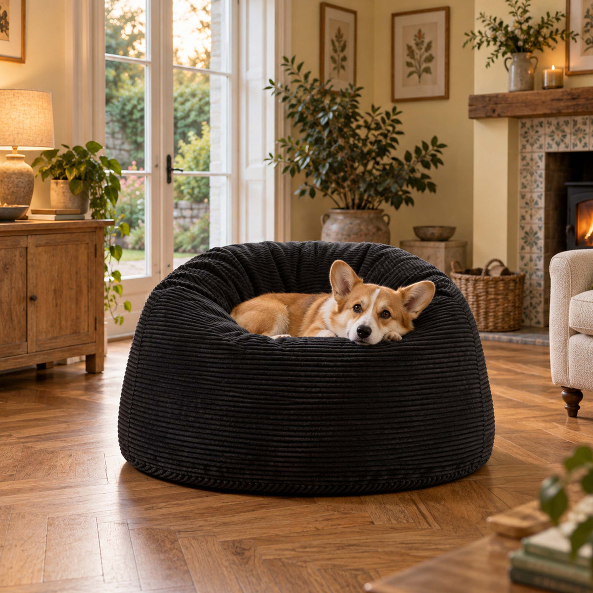 Pouf Géant Rond XL Velours Côtelé Noir, assise XXL ronde en velours côtelé noir pour salon chaleureux