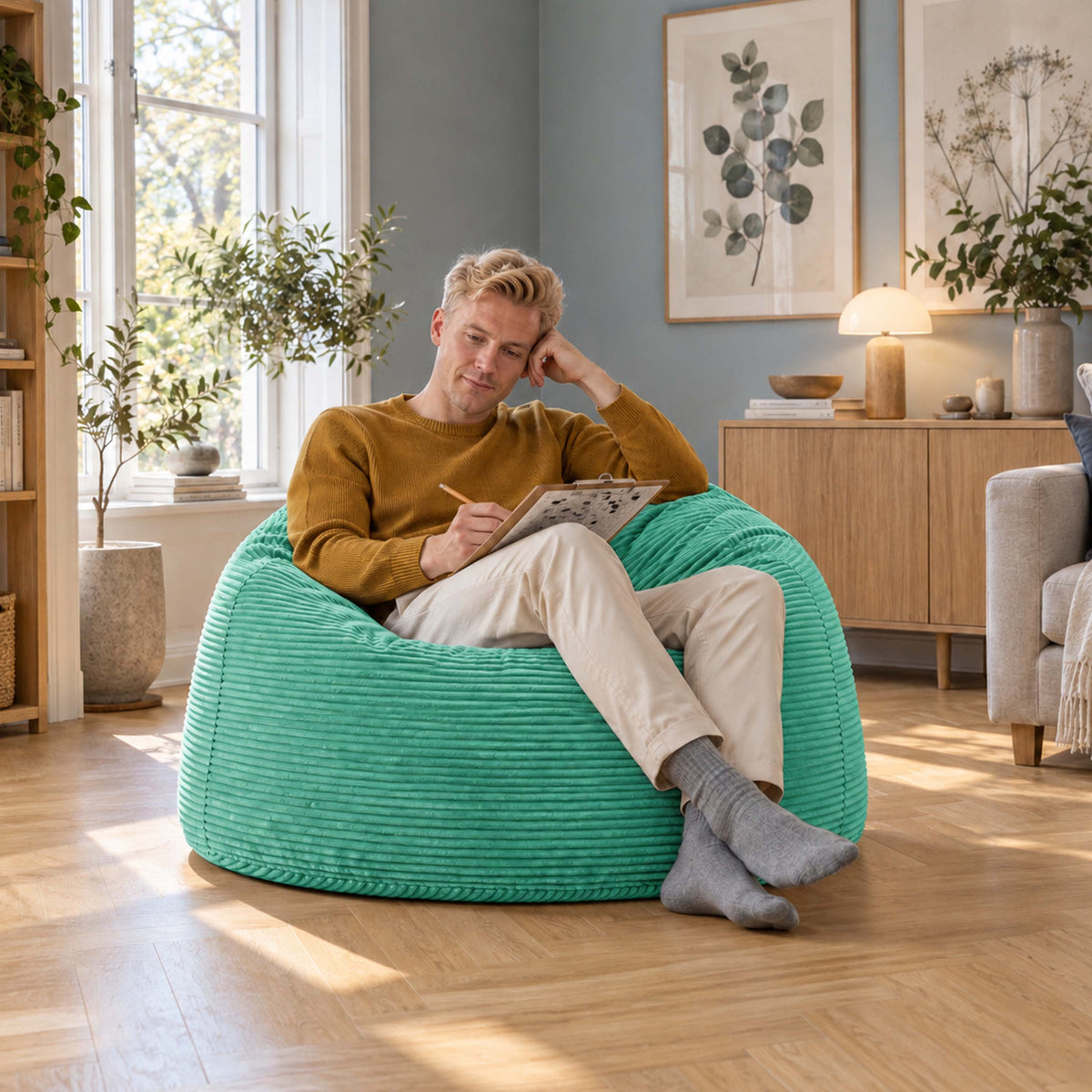 Pouf Géant Rond XL Velours Côtelé Turquoise, grand pouf fauteuil rond XL en velours côtelé turquoise pour salon, avec personne assise