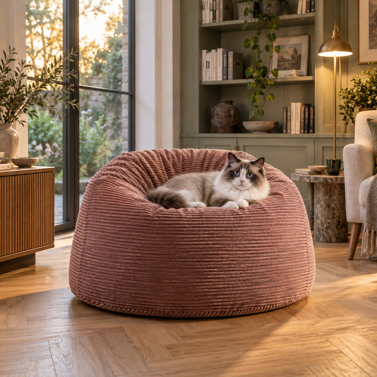 Pouf Géant Rond XL Velours Côtelé Rose poudré chaud, assise ronde XL en velours côtelé rose, ambiance salon