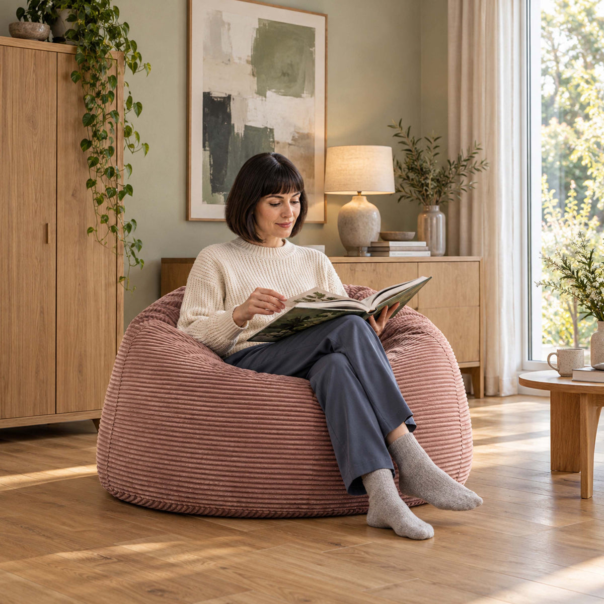 Pouf Géant Rond XL Velours Côtelé Rose poudré, assise confort lecture dans un salon moderne