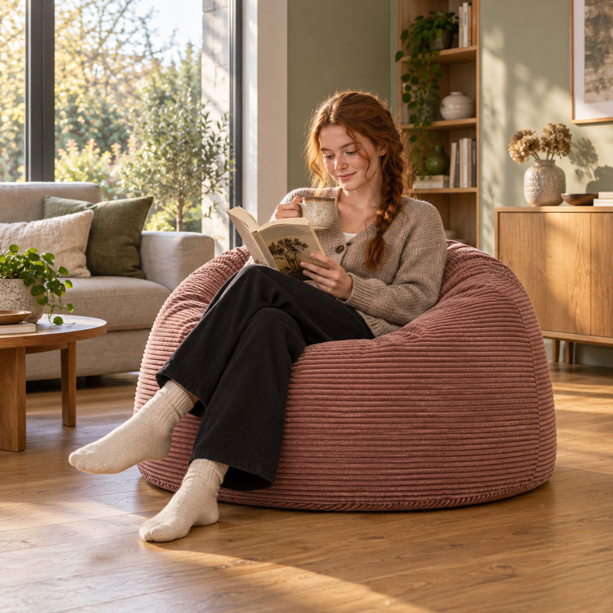 Pouf Géant Rond XL Velours Côtelé Rose poudré chaud, assise XXL ronde en velours côtelé rose, pour salon cosy