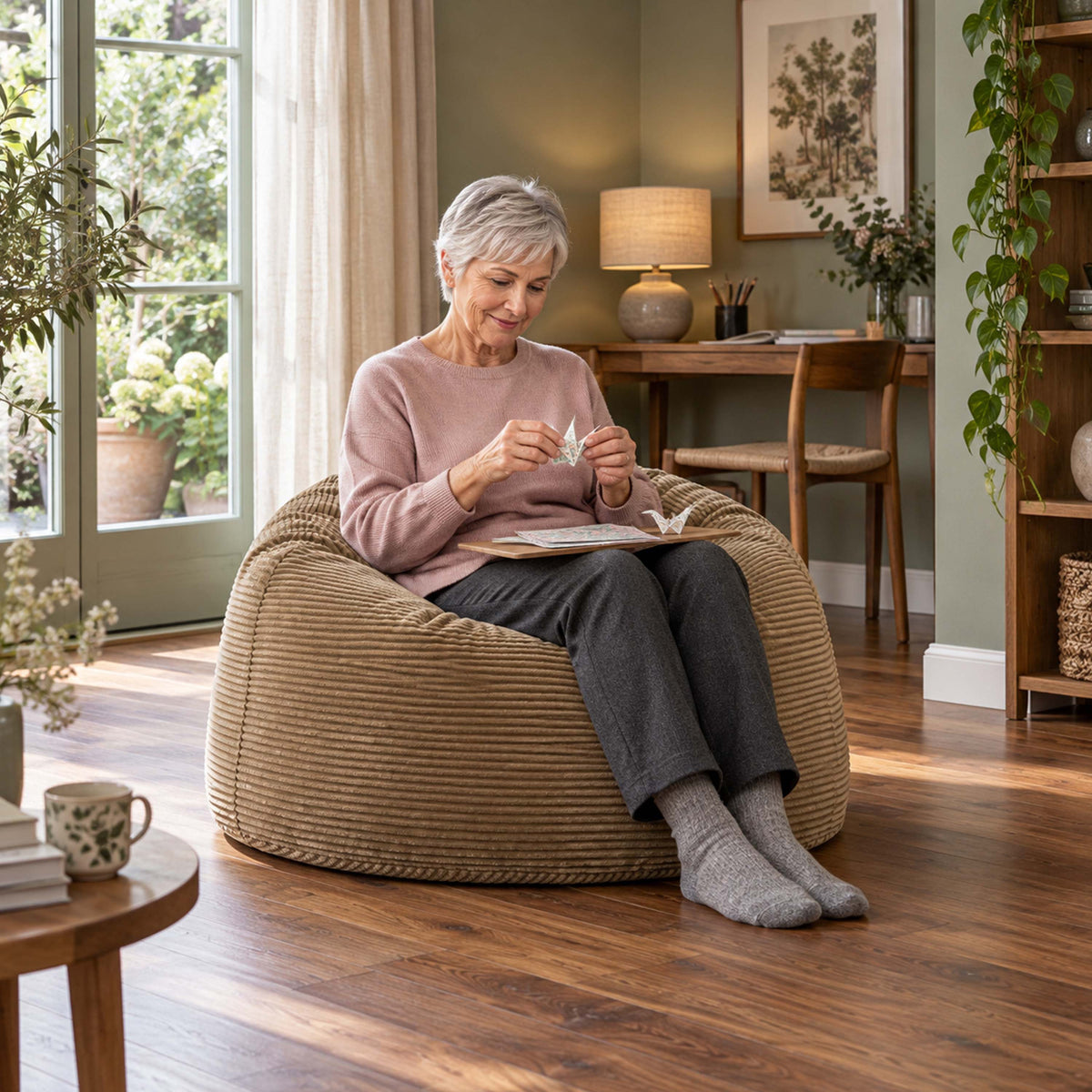 Pouf Géant Rond XL Velours Côtelé Beige doré, pouf fauteuil XL rond en velours côtelé pour salon, assise confortable