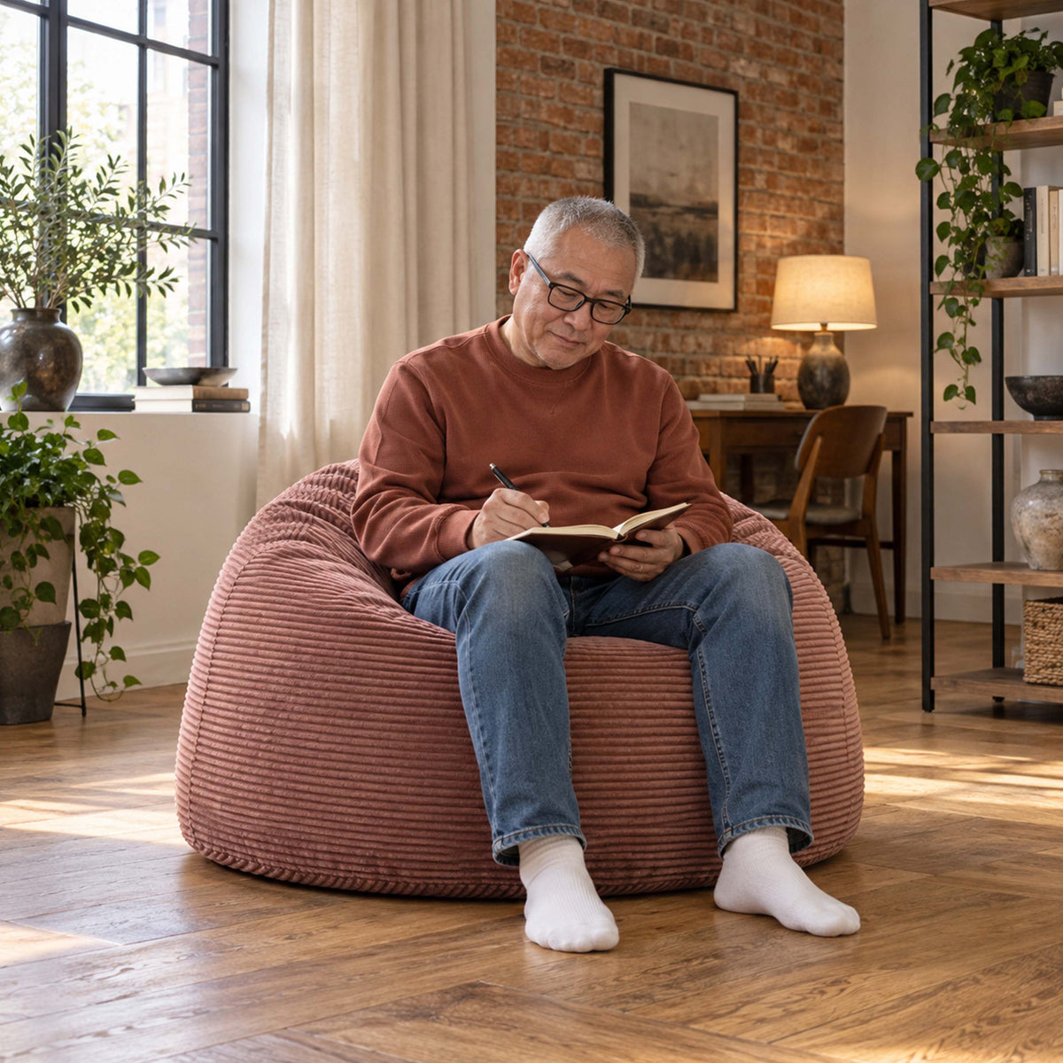 Pouf Géant Rond XL Velours Côtelé Rose poudré chaud, assise ronde XL en velours côtelé rose, pour salon cosy