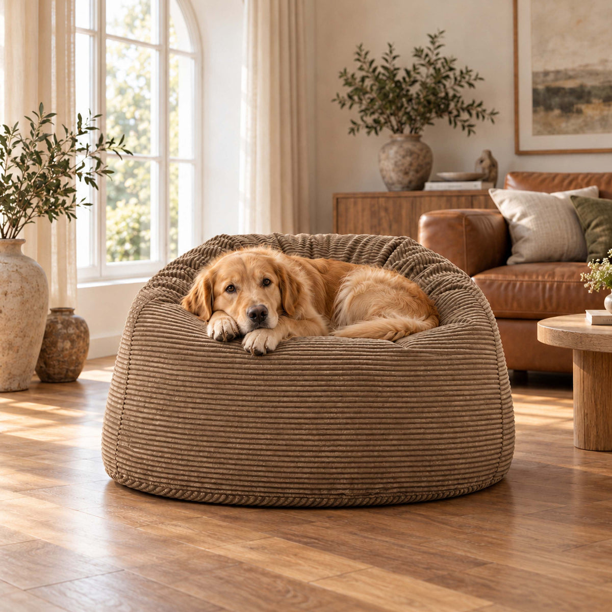 Pouf Géant Rond XL Velours Côtelé Marron, pouf XL rond en velours côtelé marron pour salon, avec chien
