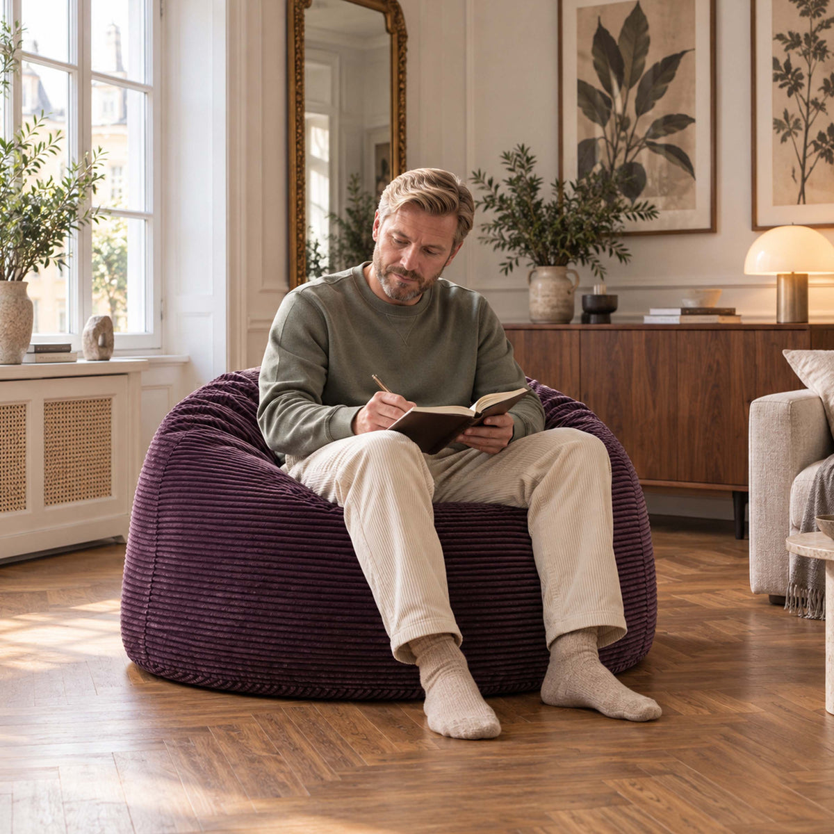 Pouf Géant Rond XL Velours Côtelé Violet aubergine, assise ronde XL en velours côtelé, confort pour lecture à la maison