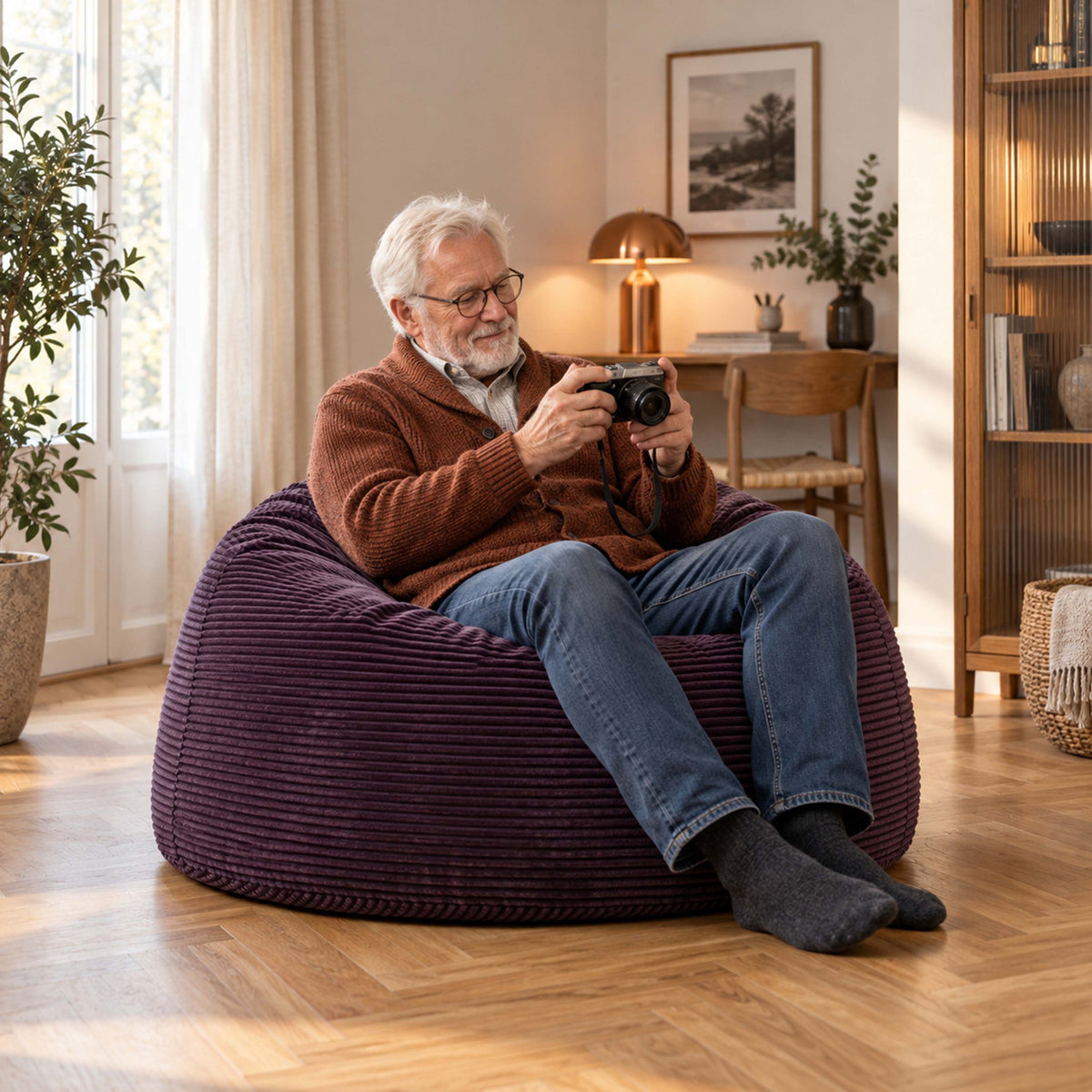 Pouf Géant Rond XL Velours Côtelé Violet aubergine, pouf fauteuil XL rond en velours côtelé violet, assise confortable intérieure