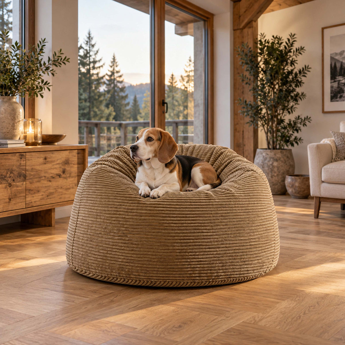 Pouf Géant Rond XL Velours Côtelé Beige doré, pouf fauteuil XXL rond en velours côtelé pour salon, avec ambiance cheminée