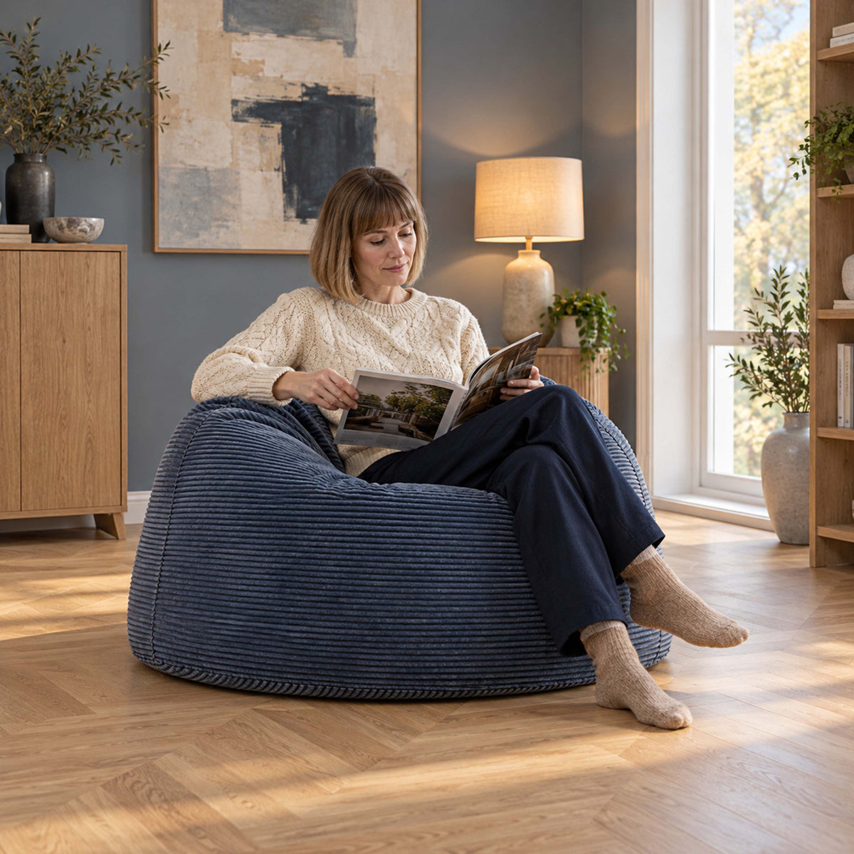 Pouf Géant Rond XL Velours Côtelé Bleu denim, assise ronde XL en velours côtelé, confort lecture dans un salon moderne