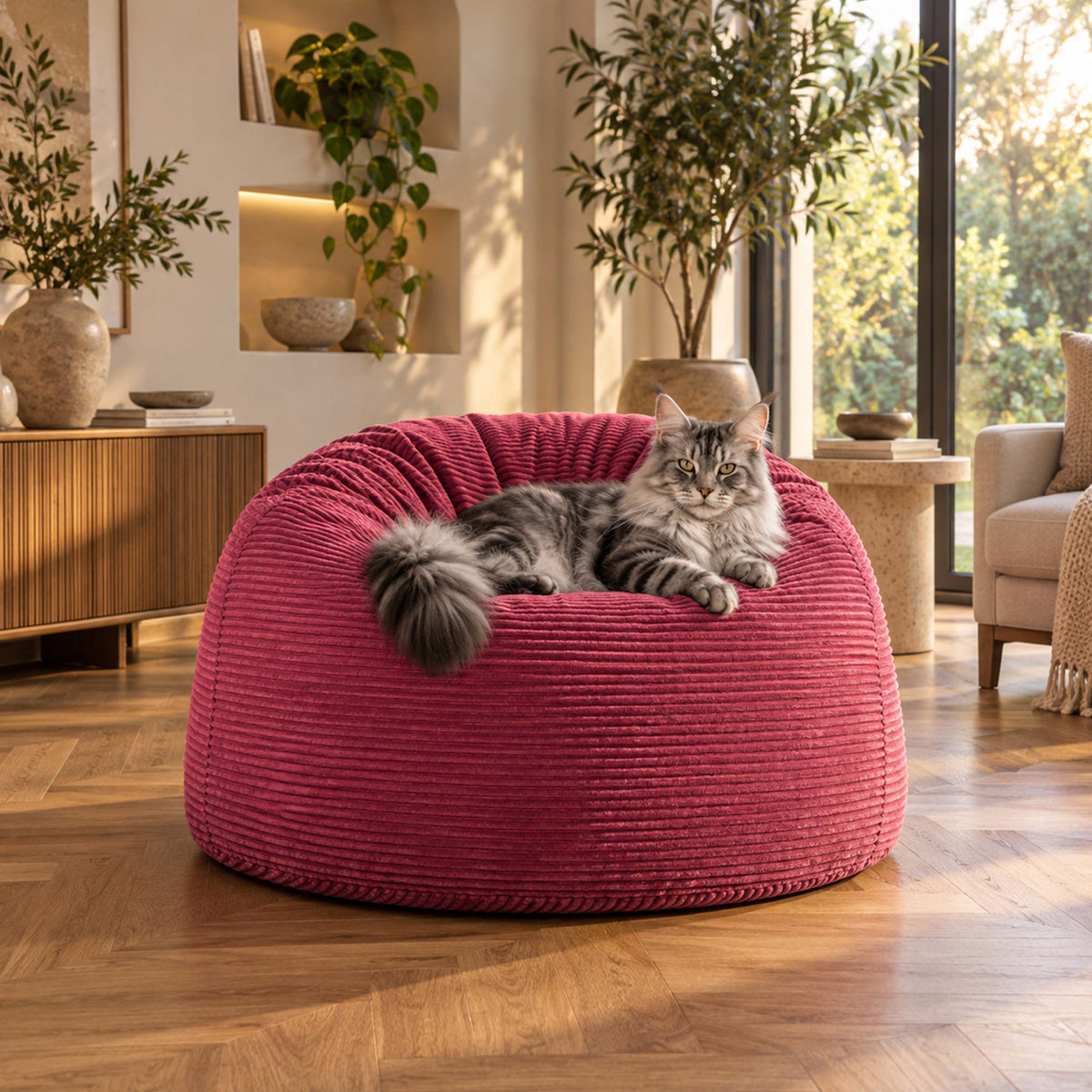 Pouf Géant Rond XL Velours Côtelé Rose, pouf fauteuil XL rond en velours côtelé rose pour salon, aspect confortable