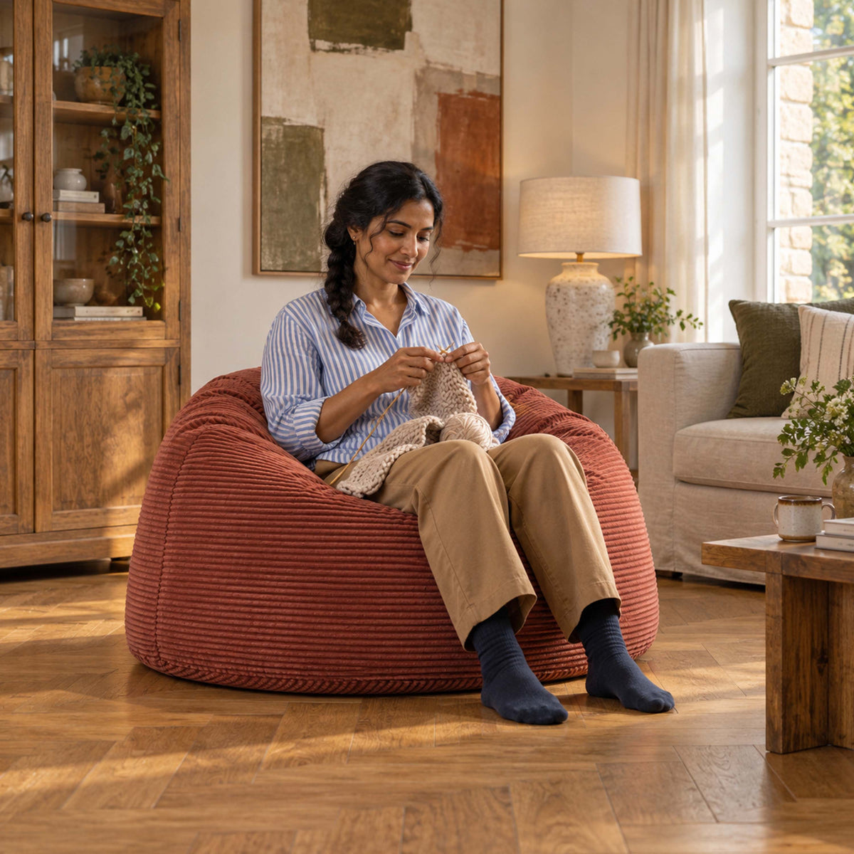 Pouf Géant Rond XL Velours Côtelé Terracotta, assise confortable ronde XXL en velours côtelé, pour salon et détente