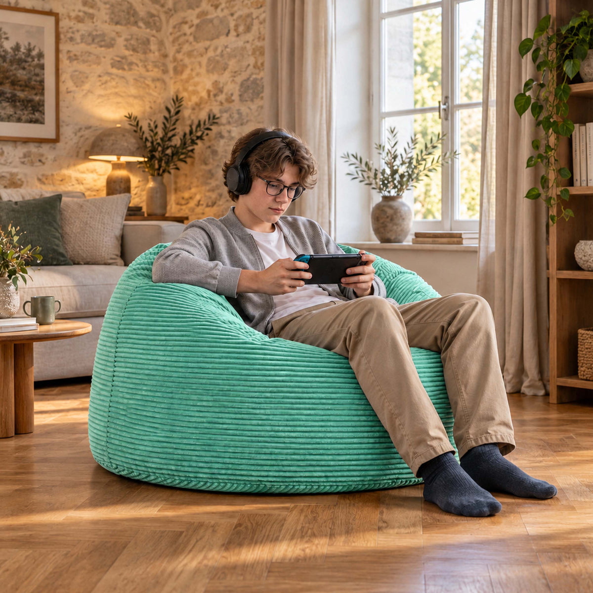 Pouf Géant Rond XL Velours Côtelé Turquoise, pouf XL rond en velours côtelé turquoise pour se relaxer à la maison