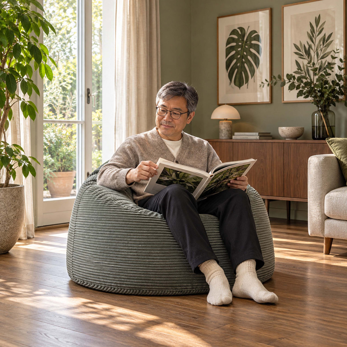 Pouf Géant Rond XL Velours Côtelé Vert gris, pouf fauteuil XL rond en velours côtelé, assise confortable pour salon