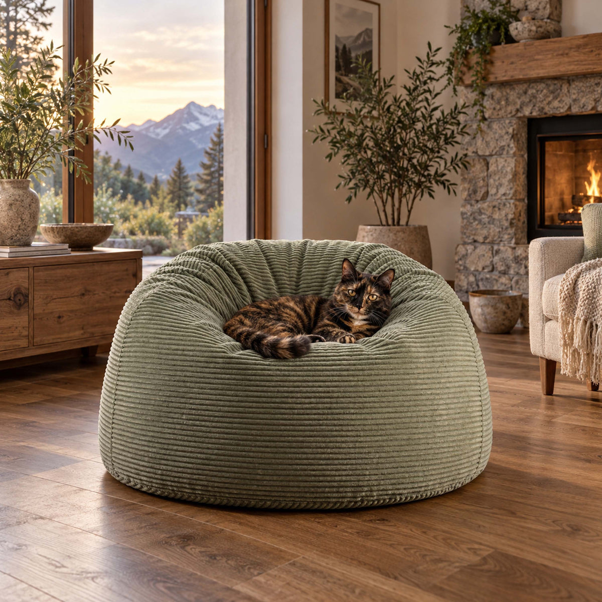 Pouf Géant Rond XL Velours Côtelé Vert Sauge, grand pouf fauteuil rond en velours côtelé, pour coin cosy intérieur