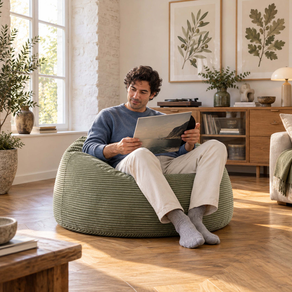 Pouf Géant Rond XL Velours Côtelé Vert Sauge, assise XL ronde en velours côtelé, confort pour lecture à la maison