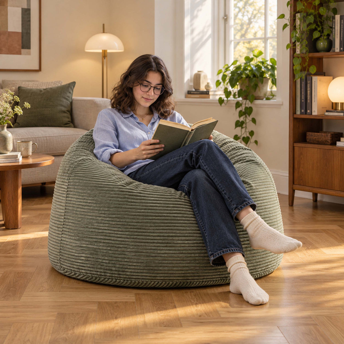 Pouf Géant Rond XL Velours Côtelé Vert Sauge, grand pouf en velours côtelé pour salon, assise confortable ronde XL