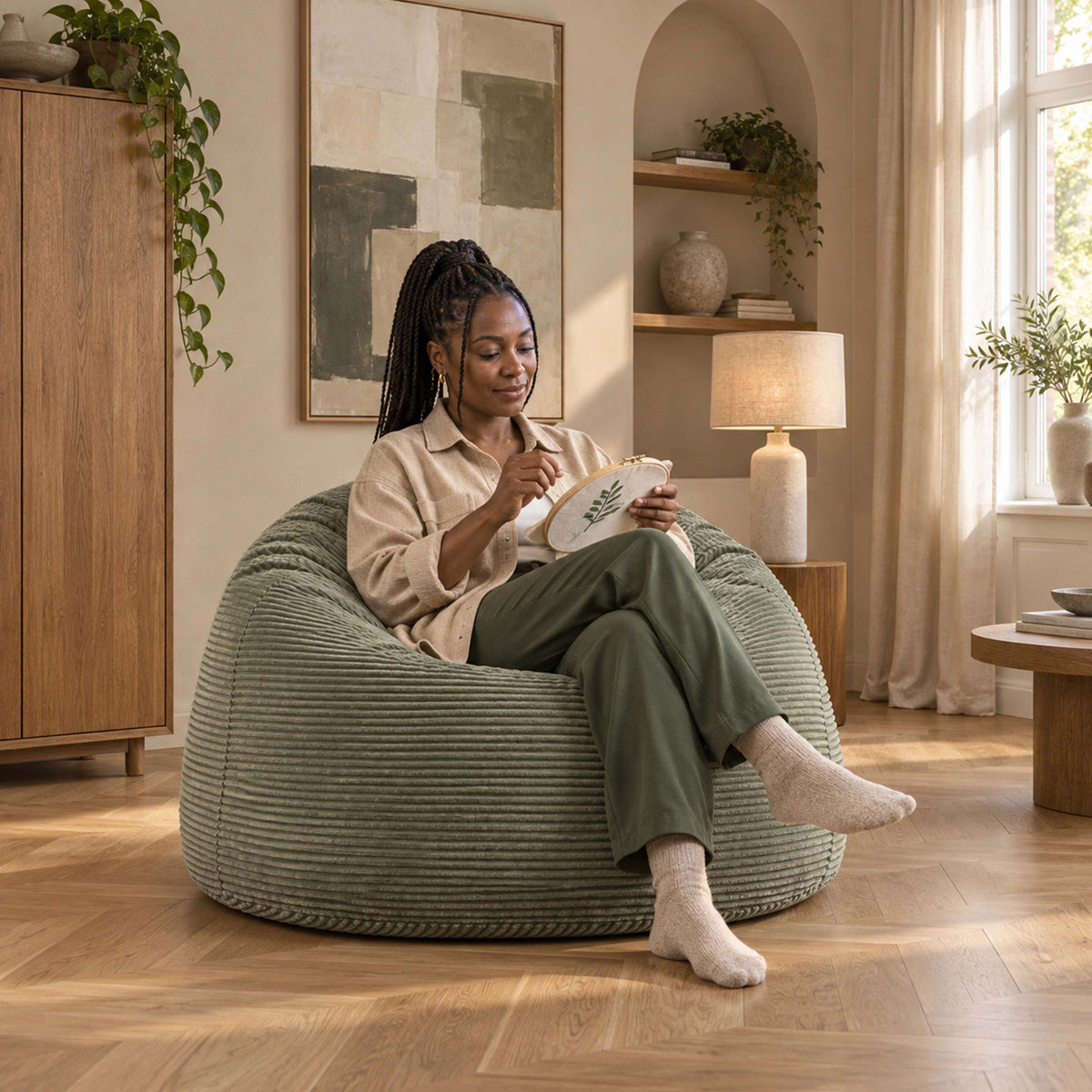 Pouf Géant Rond XL Velours Côtelé Vert Sauge : assise ronde XL en velours côtelé, confort pour salon moderne