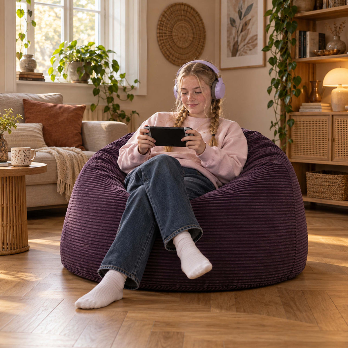 Pouf Géant Rond XL Velours Côtelé Violet aubergine, assise XXL ronde en velours côtelé, intérieur cosy