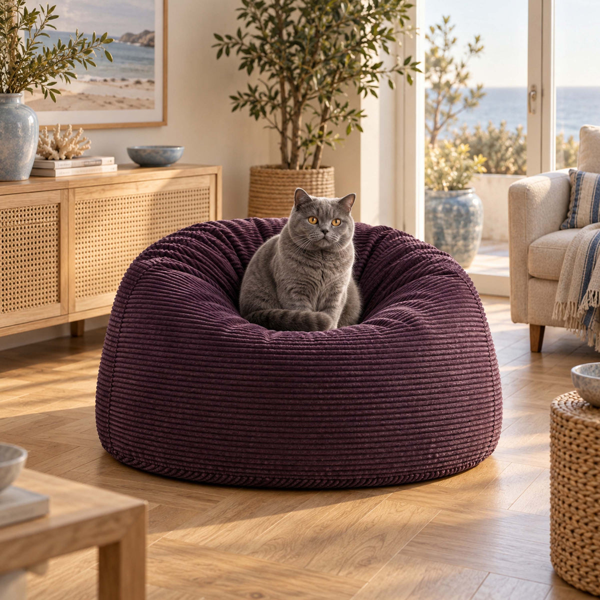 Pouf Géant Rond XL Velours Côtelé Violet aubergine, pouf fauteuil rond XL en velours côtelé violet aubergine
