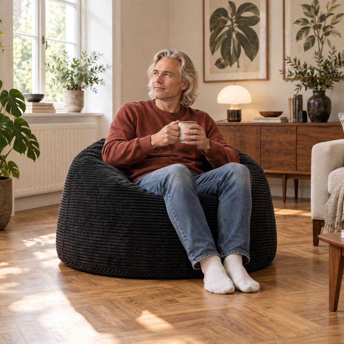 Pouf Géant Rond XL Velours Côtelé Noir, pouf fauteuil rond XXL en velours côtelé noir pour salon confortable