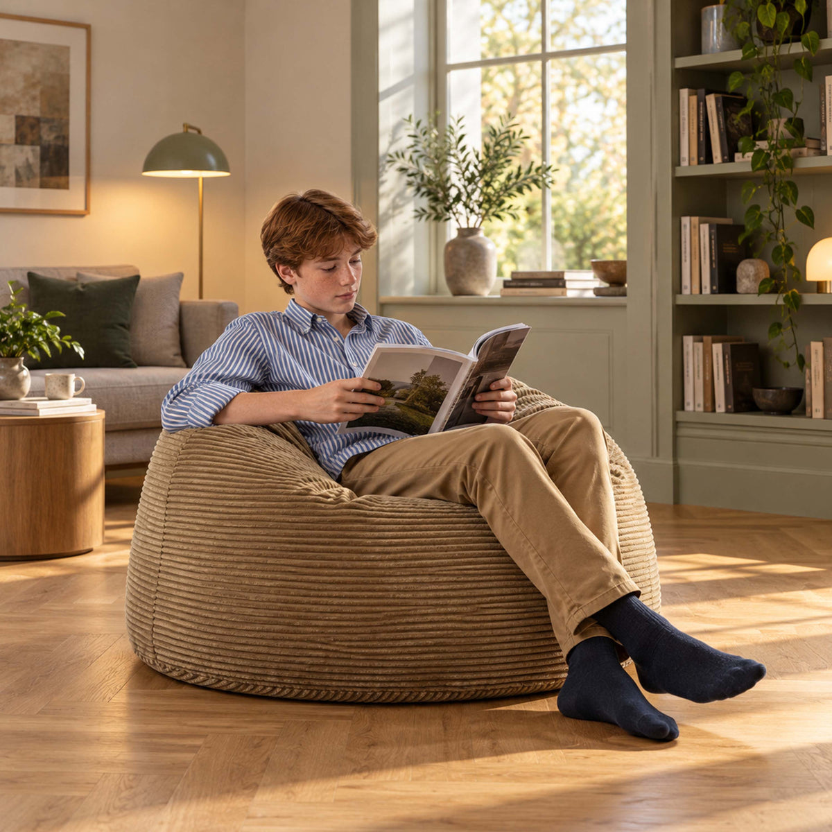 Pouf Géant Rond XL Velours Côtelé Beige doré, assise moelleuse XXL en velours côtelé, photo en salon avec lecture