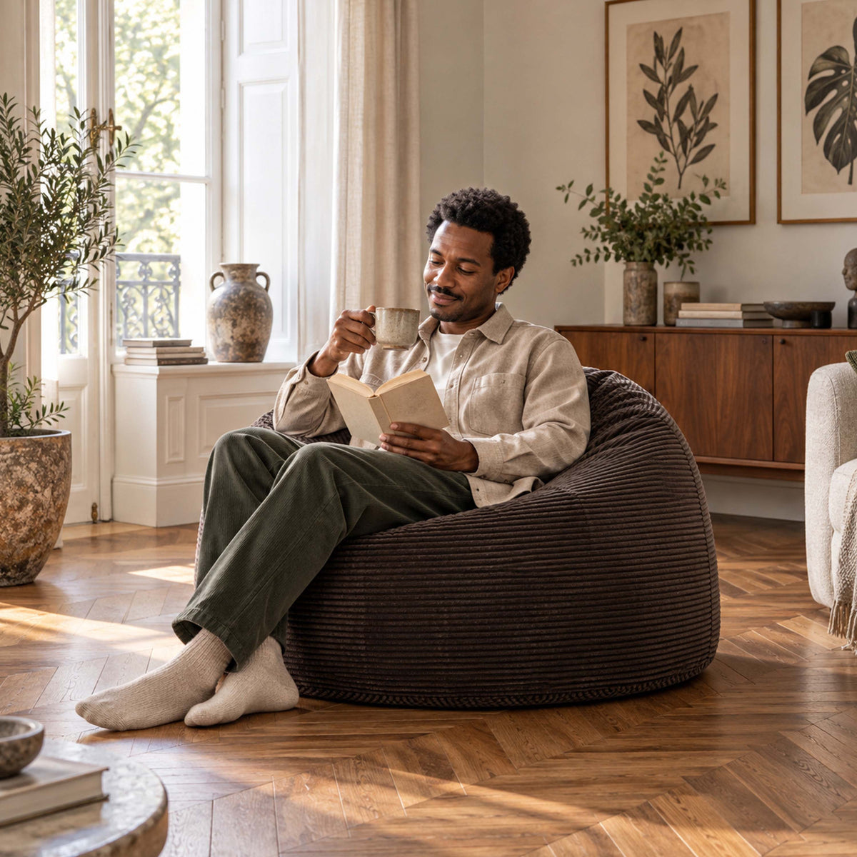 Pouf Géant Rond XL Velours Côtelé Brun espresso, pouf fauteuil XL rond en velours côtelé pour salon cosy