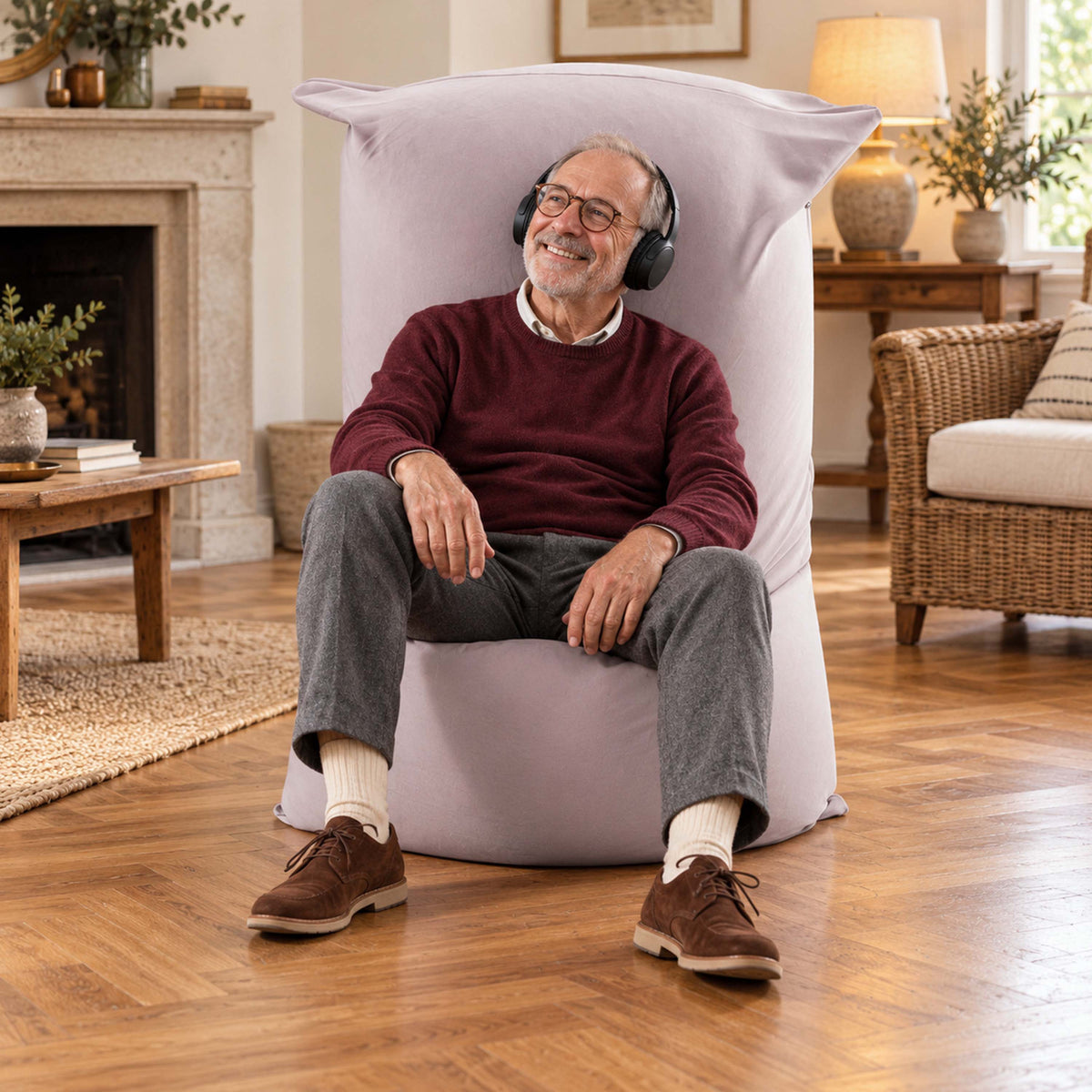 pouf géant intérieur stretch taupe déhoussable, vue en intérieur avec adulte assis, tissu ultra souple