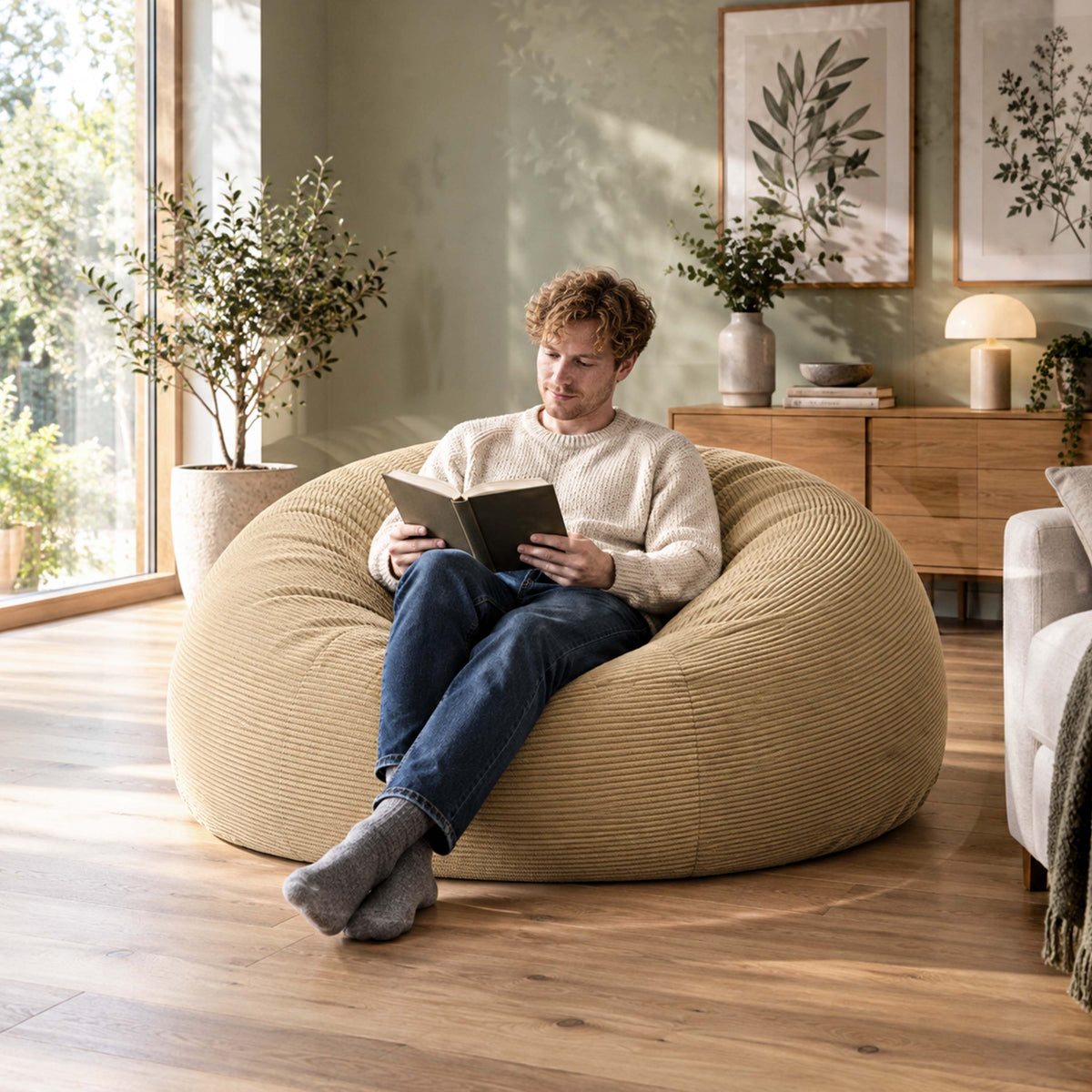 Runder XXL-Riesensitzsack aus Cord in Goldbeige