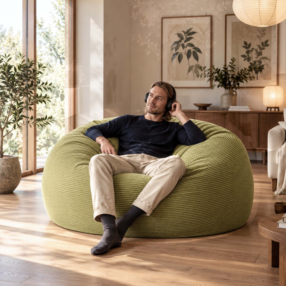 Riesiger runder XXL-Sitzsack aus hellolivgrünem Cord