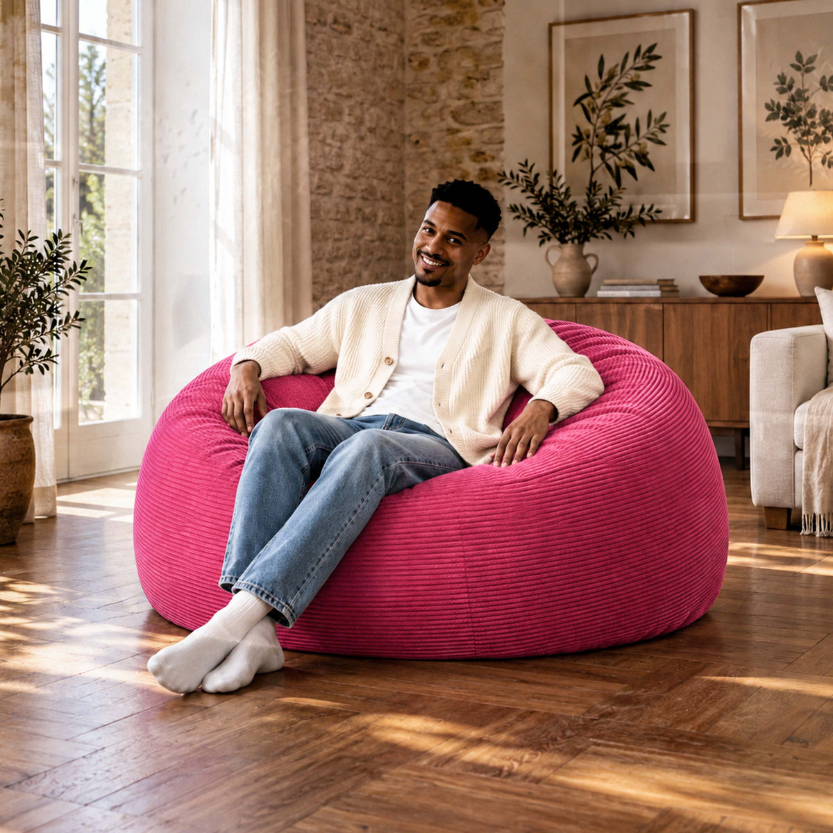 Riesiger runder XXL-Sitzsack aus rosa Cord