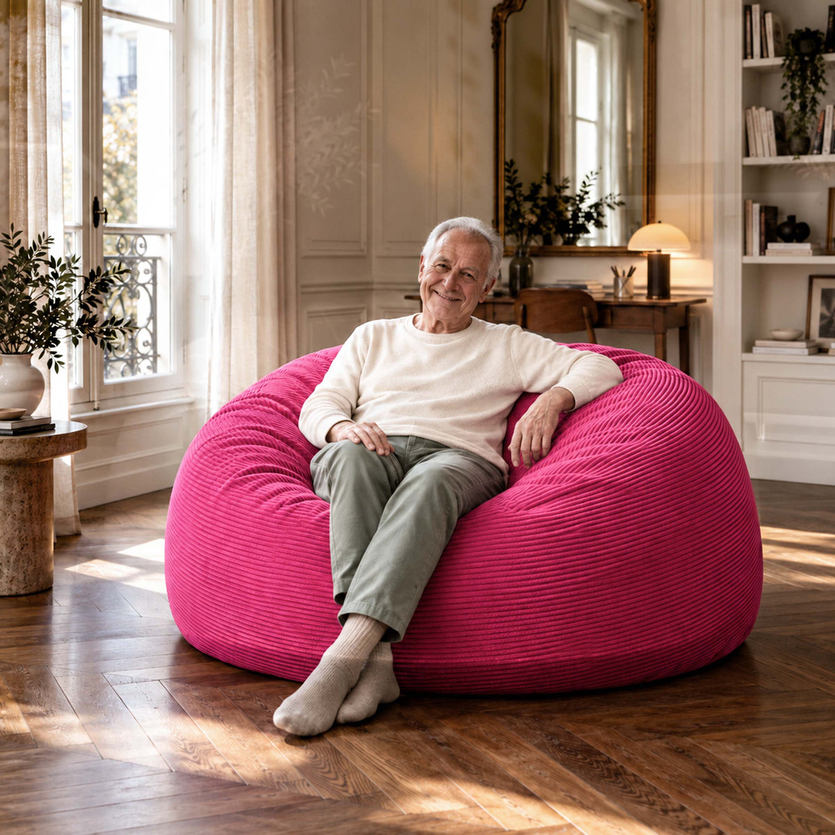 Riesiger runder XXL-Sitzsack aus rosa Cord