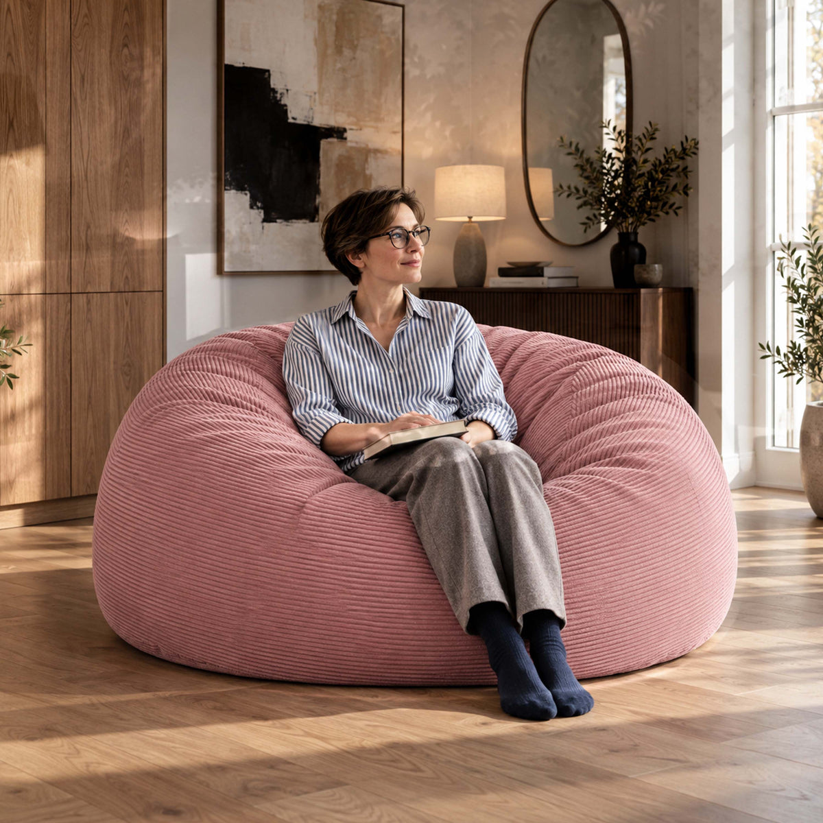 XXL Giant Round Warm Blush Pink Corduroy Bean Bag