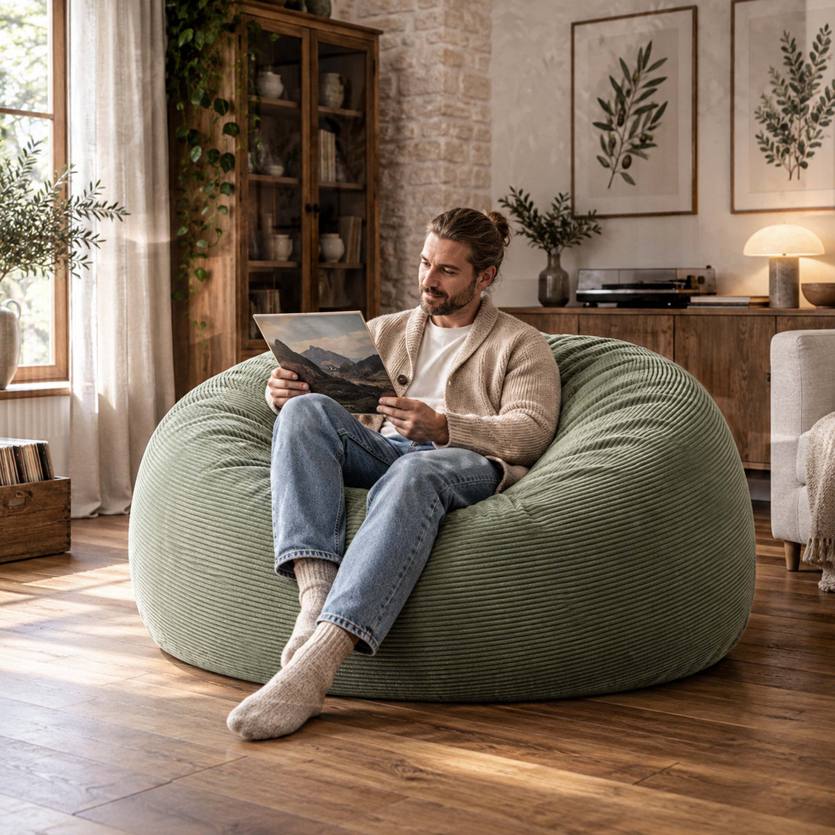 XXL Giant Round Sage Green Corduroy Bean Bag