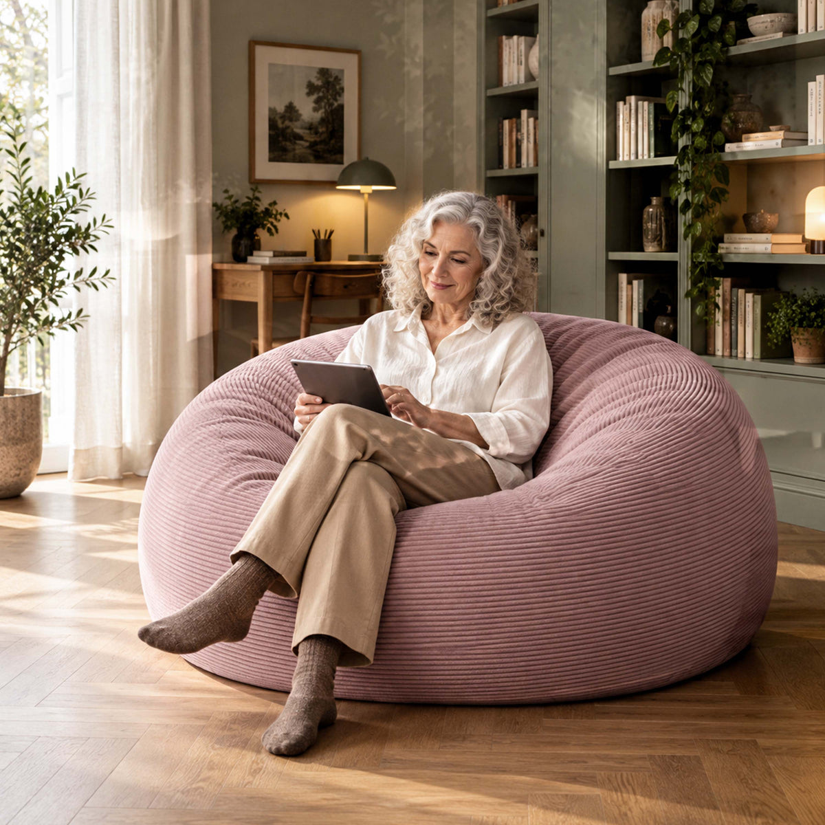 Puf Gigante Redondo XXL de Pana Rosa empolvado