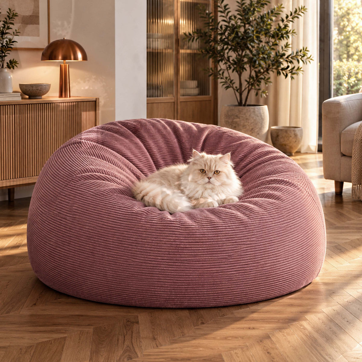 Puf Gigante Redondo XXL de Pana Rosa antiguo