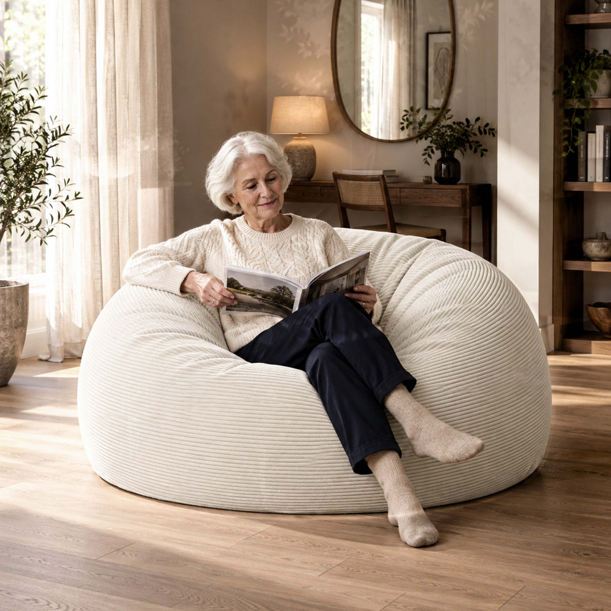Pouf Géant Rond XXL Velours Côtelé Beige
